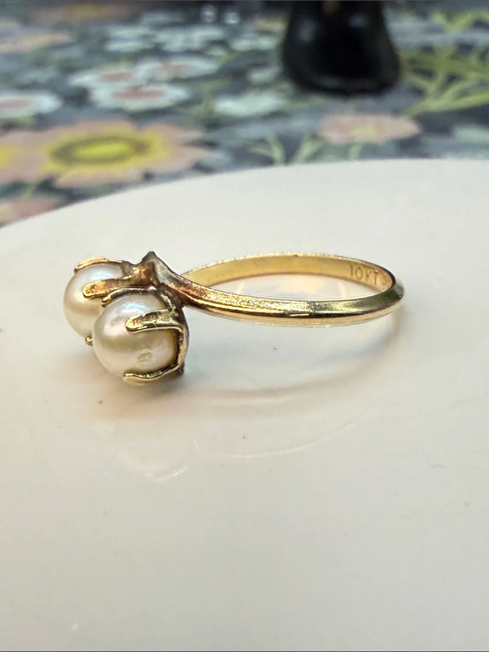 👑Vintage ESPO 10K Gold Filled Toi et Moi Bypass Pearl Ring Sz 8